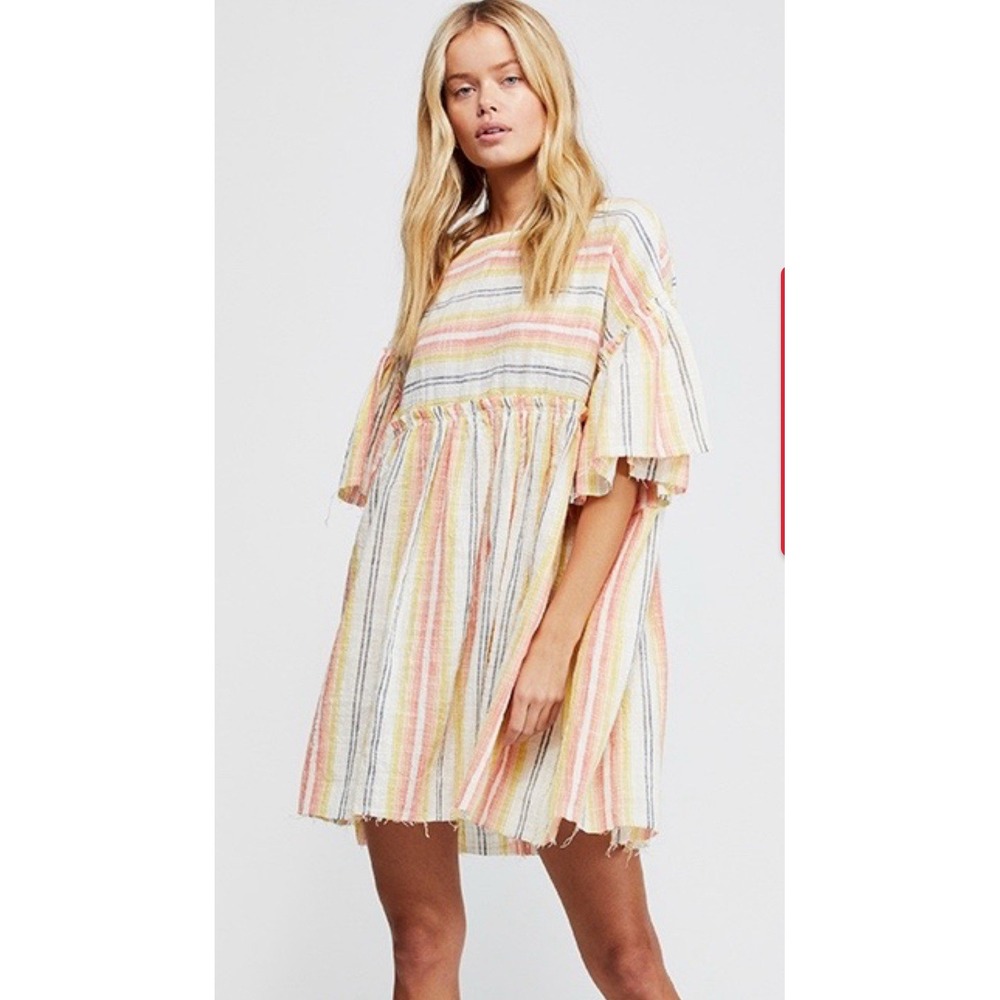 Free People‎ Summer Nights Striped Tunic Dress Size M Raw Edge Multicolor Beach